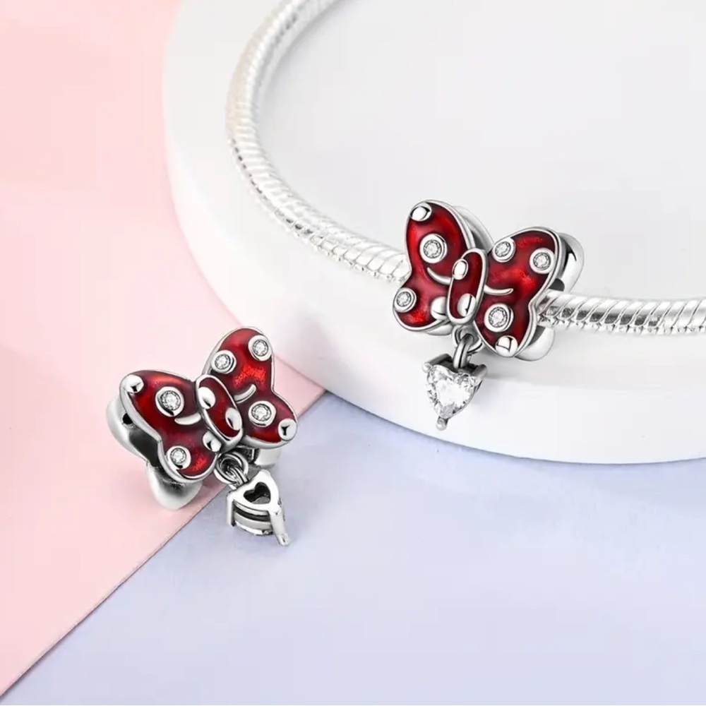 S925 Sterling Silver Disney Inspired Minnie Red Bow Charm with CZ Accents - NWT - Picture 5 of 6